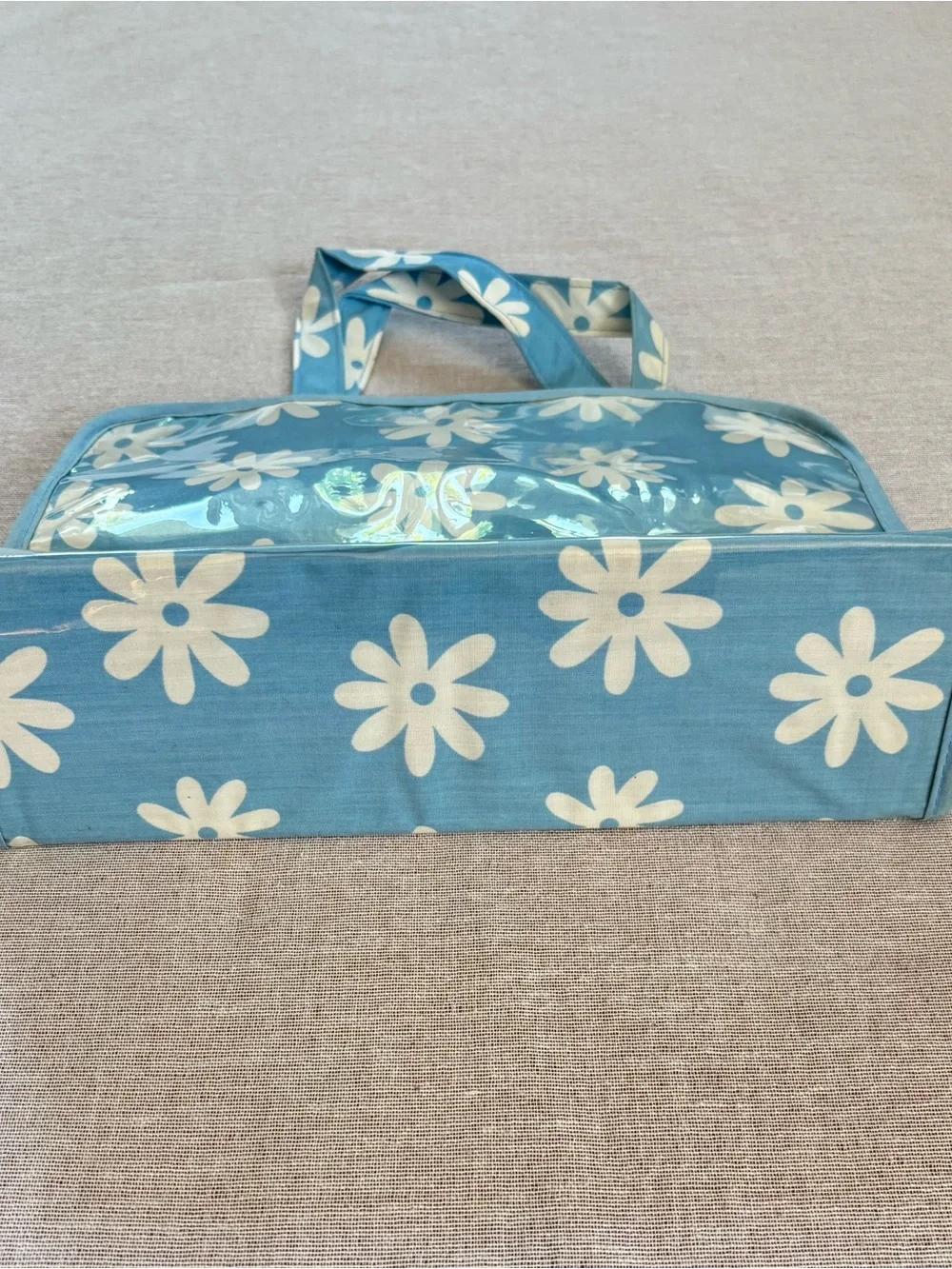 Vintage blue daisy boho vinyl clutch pouch.